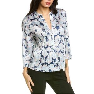 Vince Tide Pool Lotus Print Pleated Blue and Pink Satin Blouse Top Shirt Size M